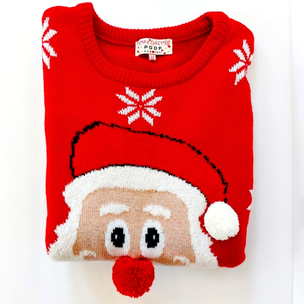 NWT Red Santa Clause & Snowflakes Christmas‎ Sweater Poof Medium